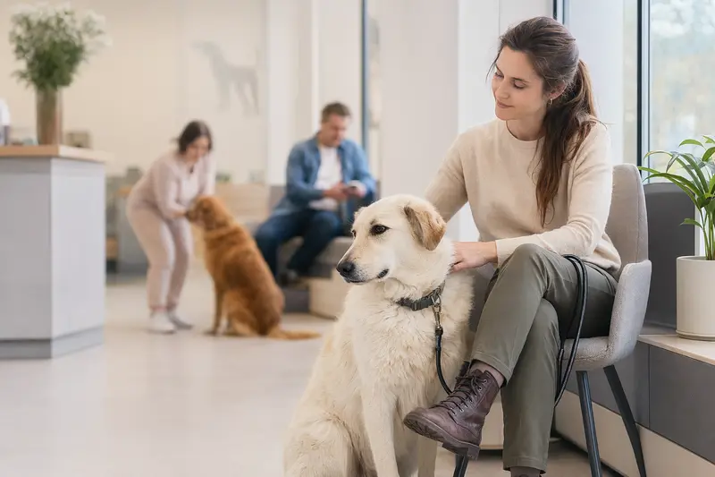 Ein ruhiger Akbash Hund sitzt lässig neben seinem Besitzer in einem hellen und modernen Wartezimmer einer Tierarztpraxis.